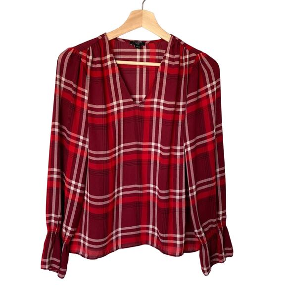 Ann Taylor Factory Wms Petite Small Red Plaid Blouse Classic Corpcore Office - Picture 1 of 9